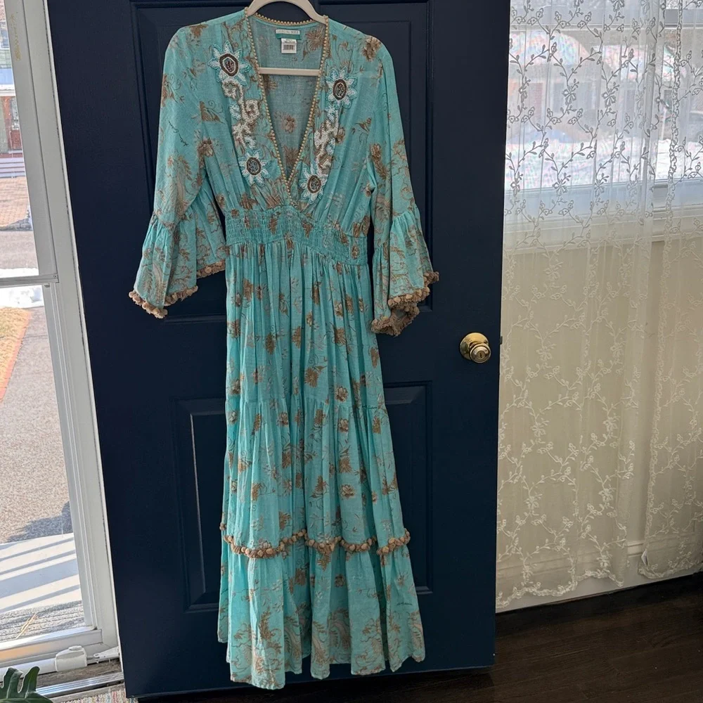 Bohemian Leoni Al Sole by Giacono Cirque Turquoise Beaded Maxi Dress w/ Pom Poms - Picture 3 of 14